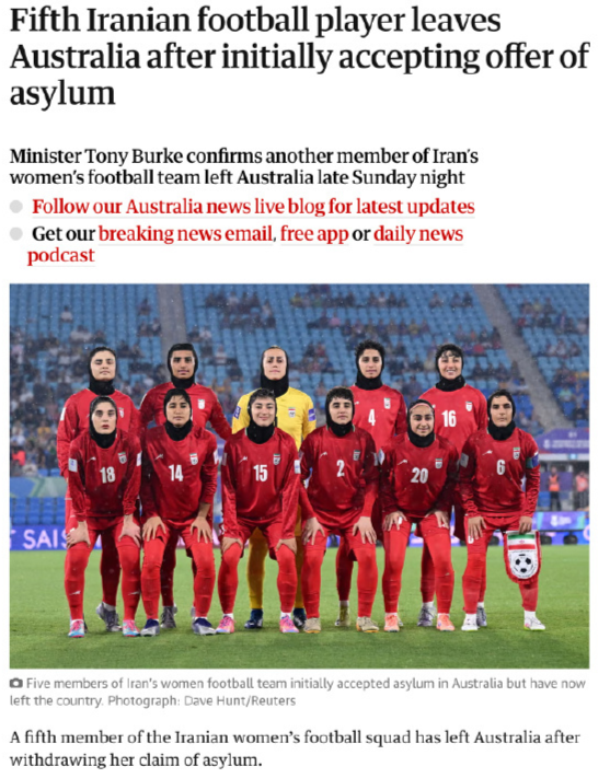 世界杯高清直播下载-已有5人反悔 伊朗女足队长放弃庇护+深夜回国 外媒：她的家人失踪